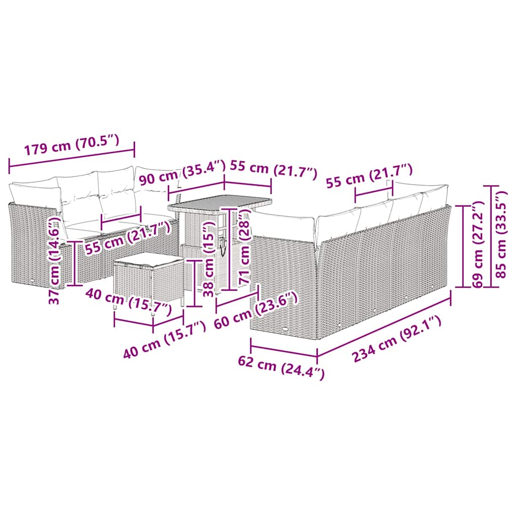 Garten-Sofa-Set 10 pcs Grau Poly-Rattan