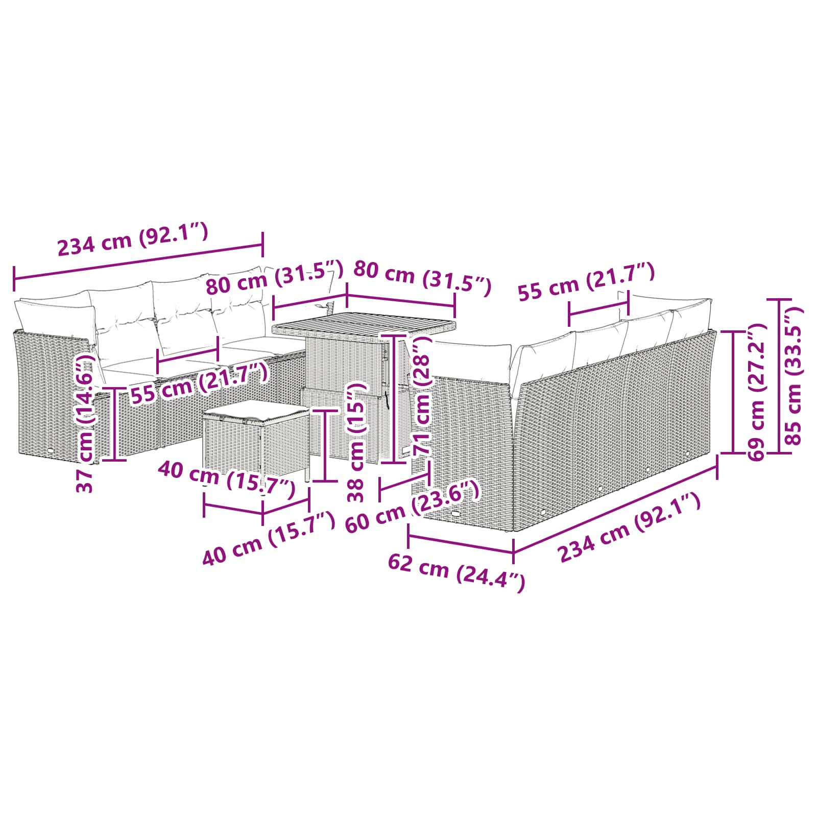 Garten-Sofa-Set 11 pcs Schwarz Poly-Rattan