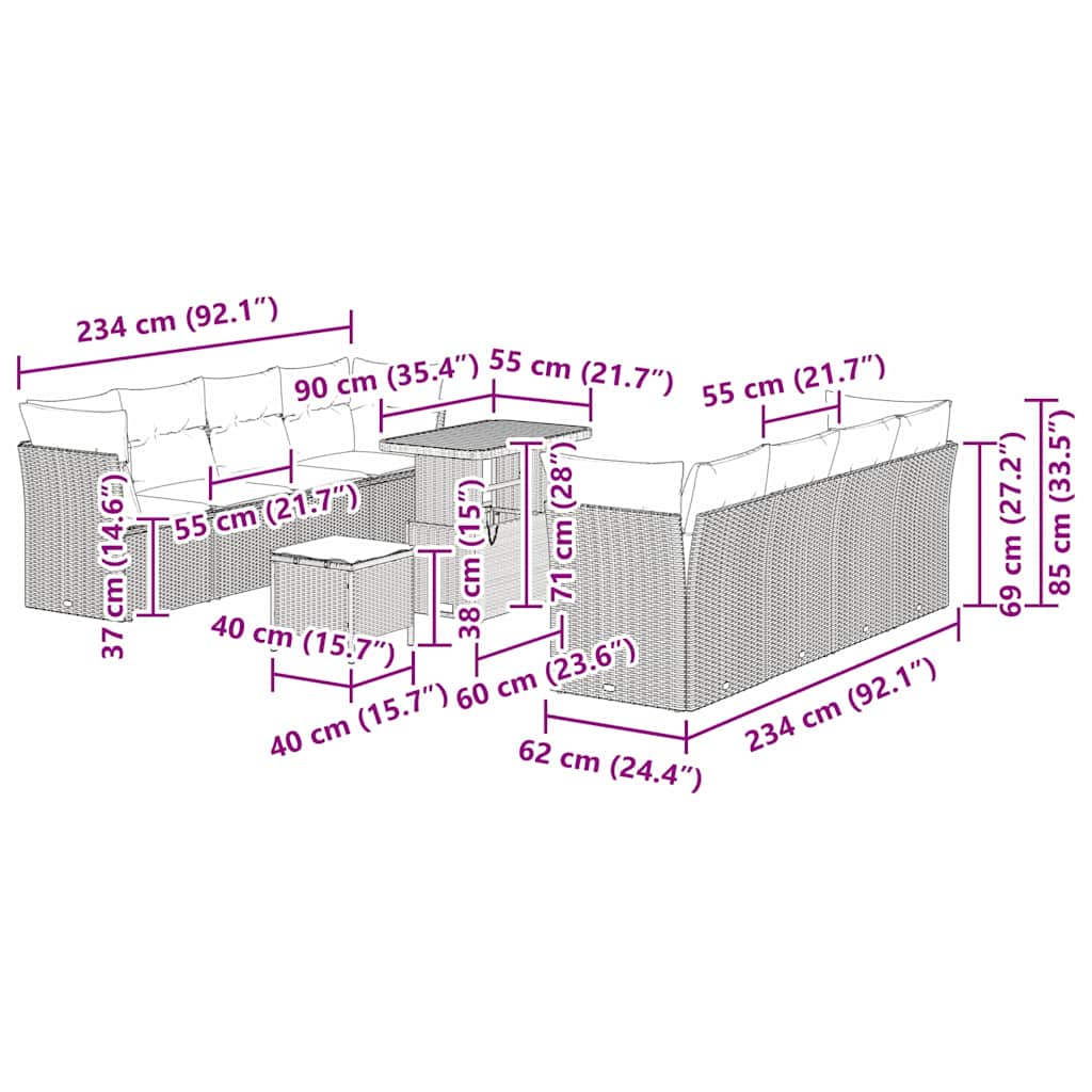 Garten-Sofa-Set 11 pcs Grau Poly-Rattan