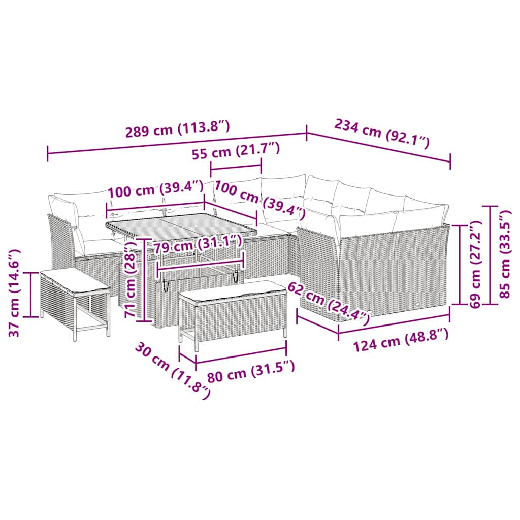 Garten-Sofa-Set 12 pcs Schwarz Poly-Rattan