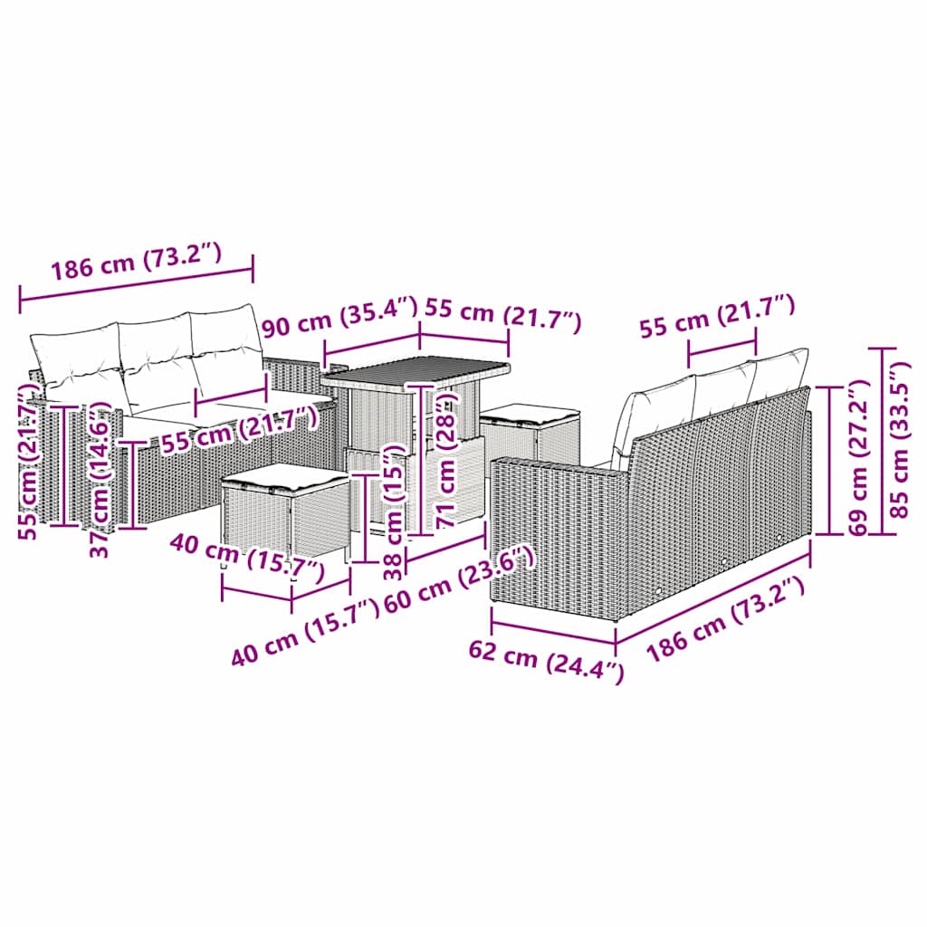 Garten-Sofa-Set 9 pcs Grau Poly-Rattan