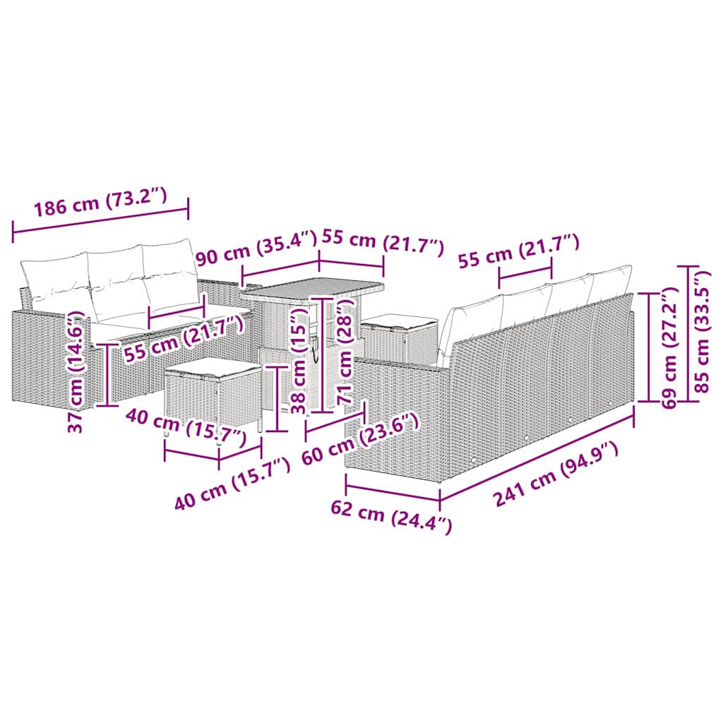 Garten-Sofa-Set 10 pcs Grau Poly-Rattan