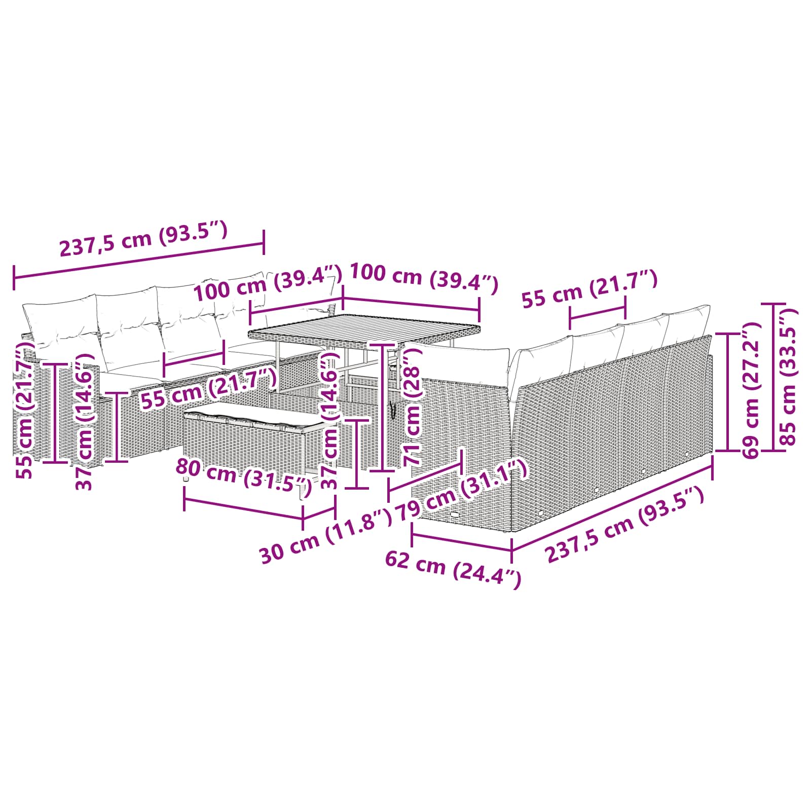 Garten-Sofa-Set 11 pcs Schwarz Poly-Rattan