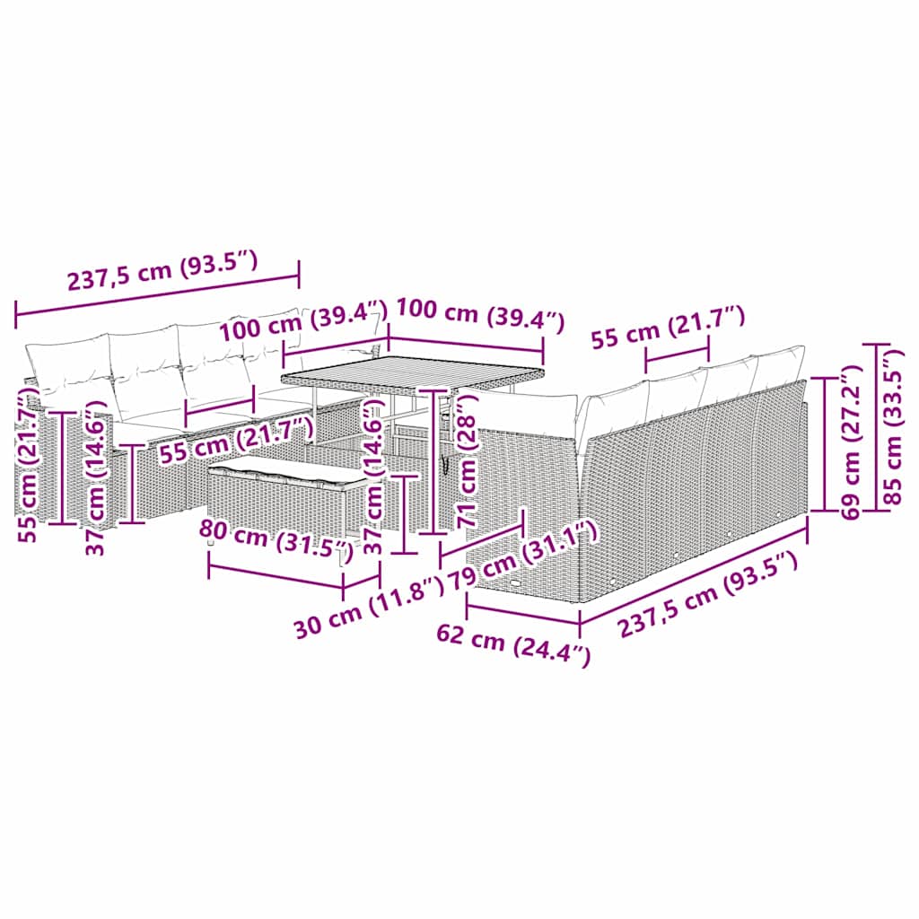 Garten-Sofa-Set 11 pcs Beige Poly-Rattan