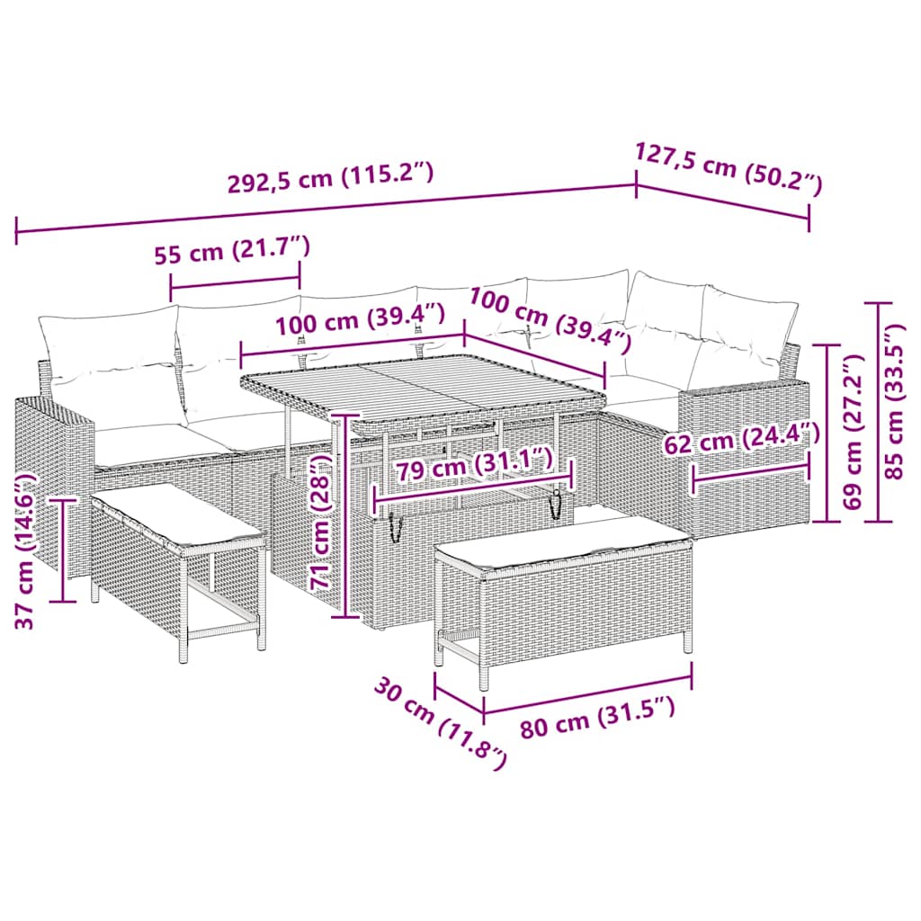 Garten-Sofa-Set 9 pcs Grau Poly-Rattan