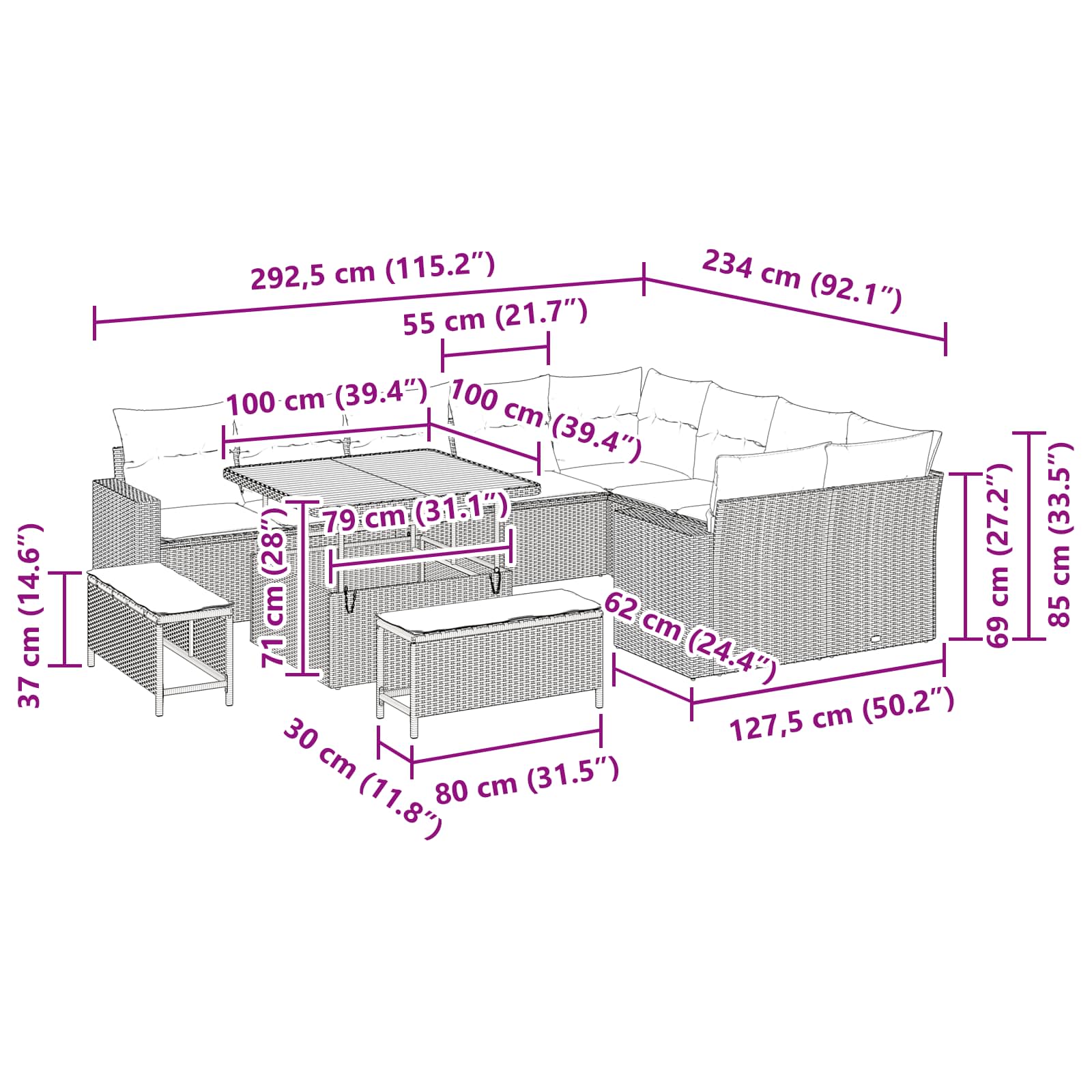 Garten-Sofa-Set 12 pcs Schwarz Poly-Rattan