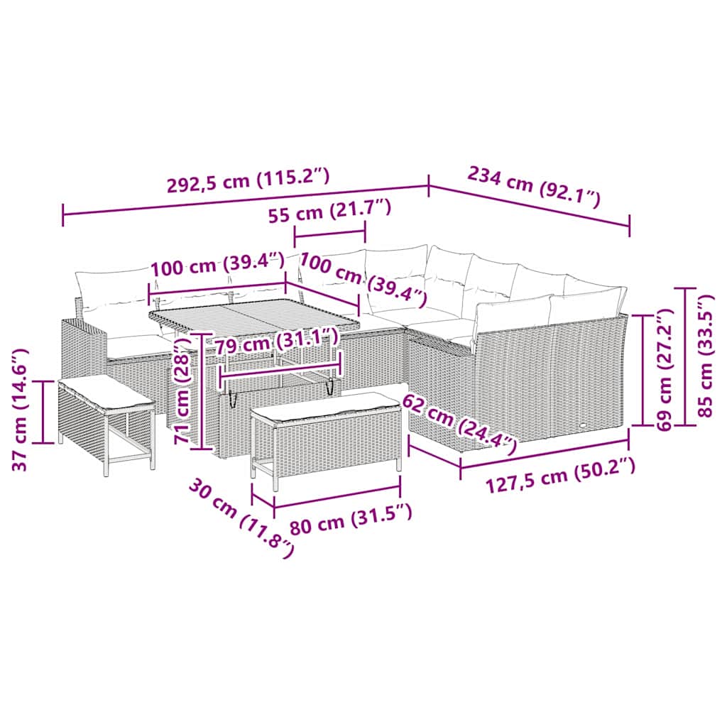 Garten-Sofa-Set 12 pcs Grau Poly-Rattan