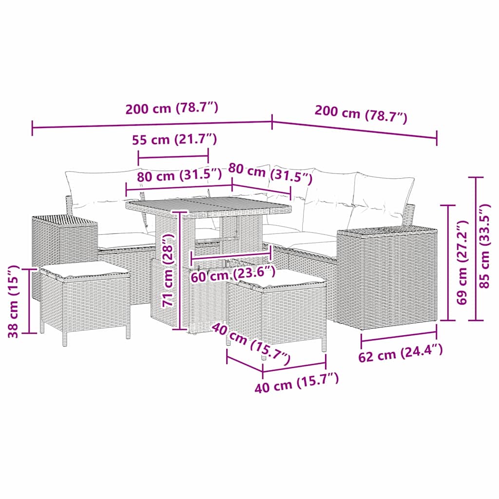Garten-Sofa-Set 8 pcs Schwarz Poly-Rattan