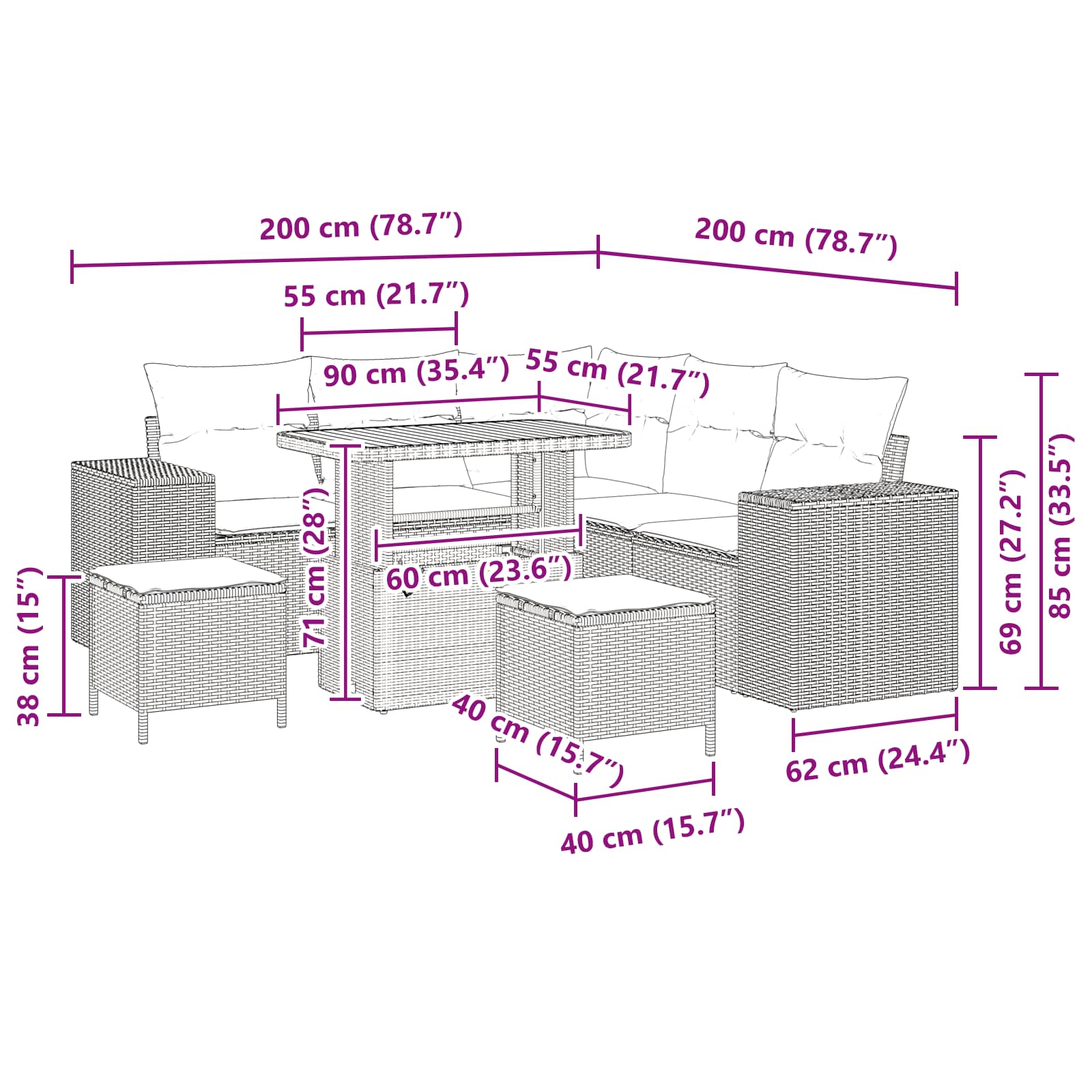 Garten-Sofa-Set 8 pcs Schwarz Poly-Rattan
