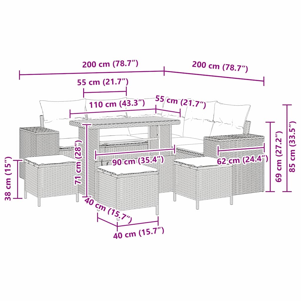 Garten-Sofa-Set 9 pcs Schwarz Poly-Rattan