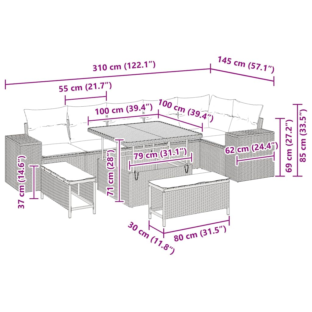 Garten-Sofa-Set 9 pcs Grau Poly-Rattan