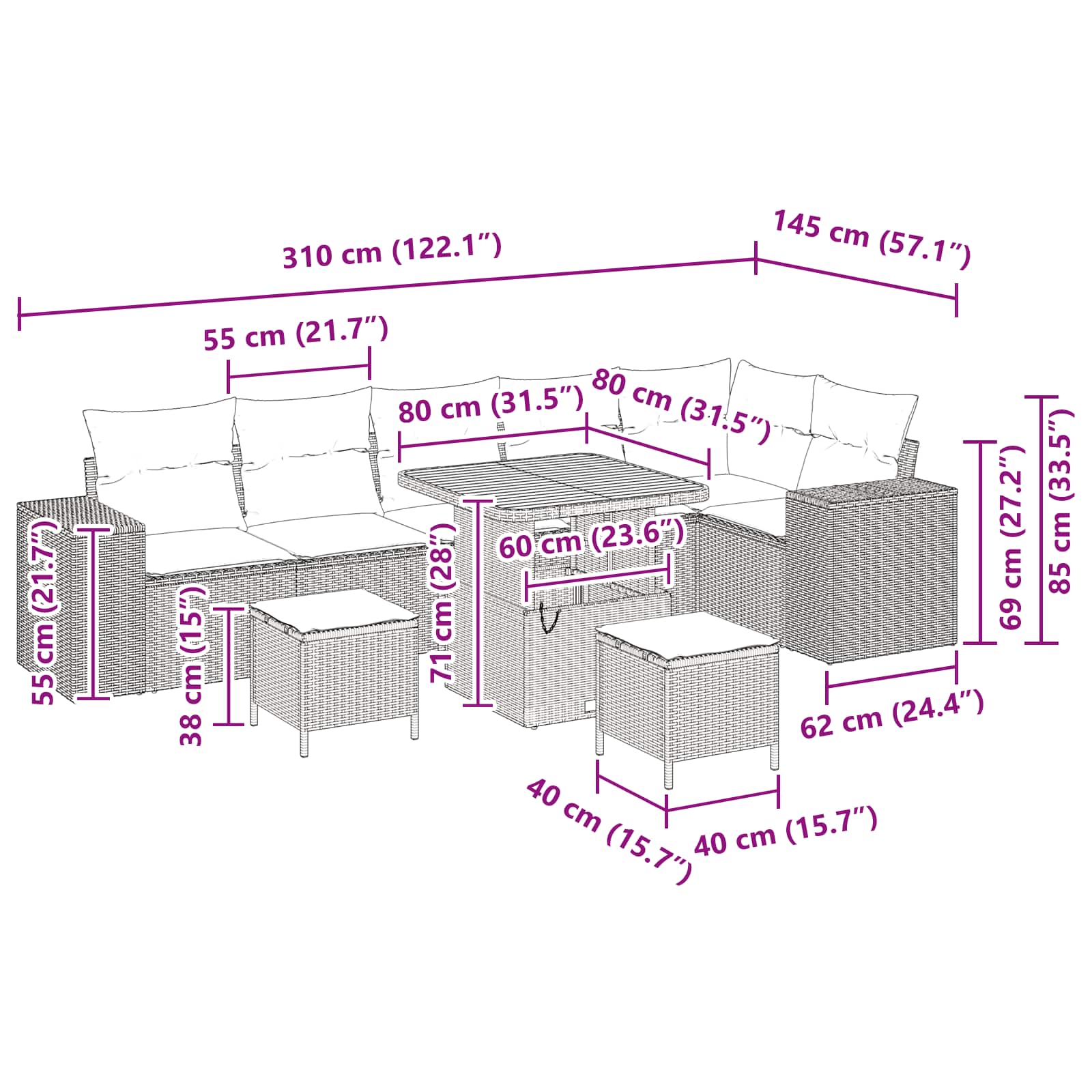 Garten-Sofa-Set 9 pcs Schwarz Poly-Rattan