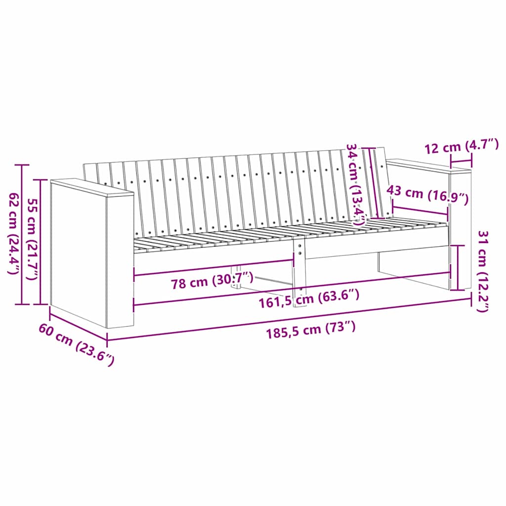 Gartensofa Braun 185.5 x 60 x 62 cm Massivholz Kiefer