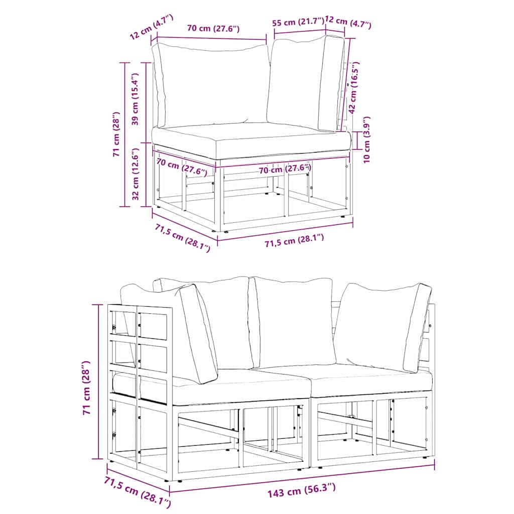 Gartenmöbel mit Kissen mit Kissen 2 pcs Schwarz Aluminium
