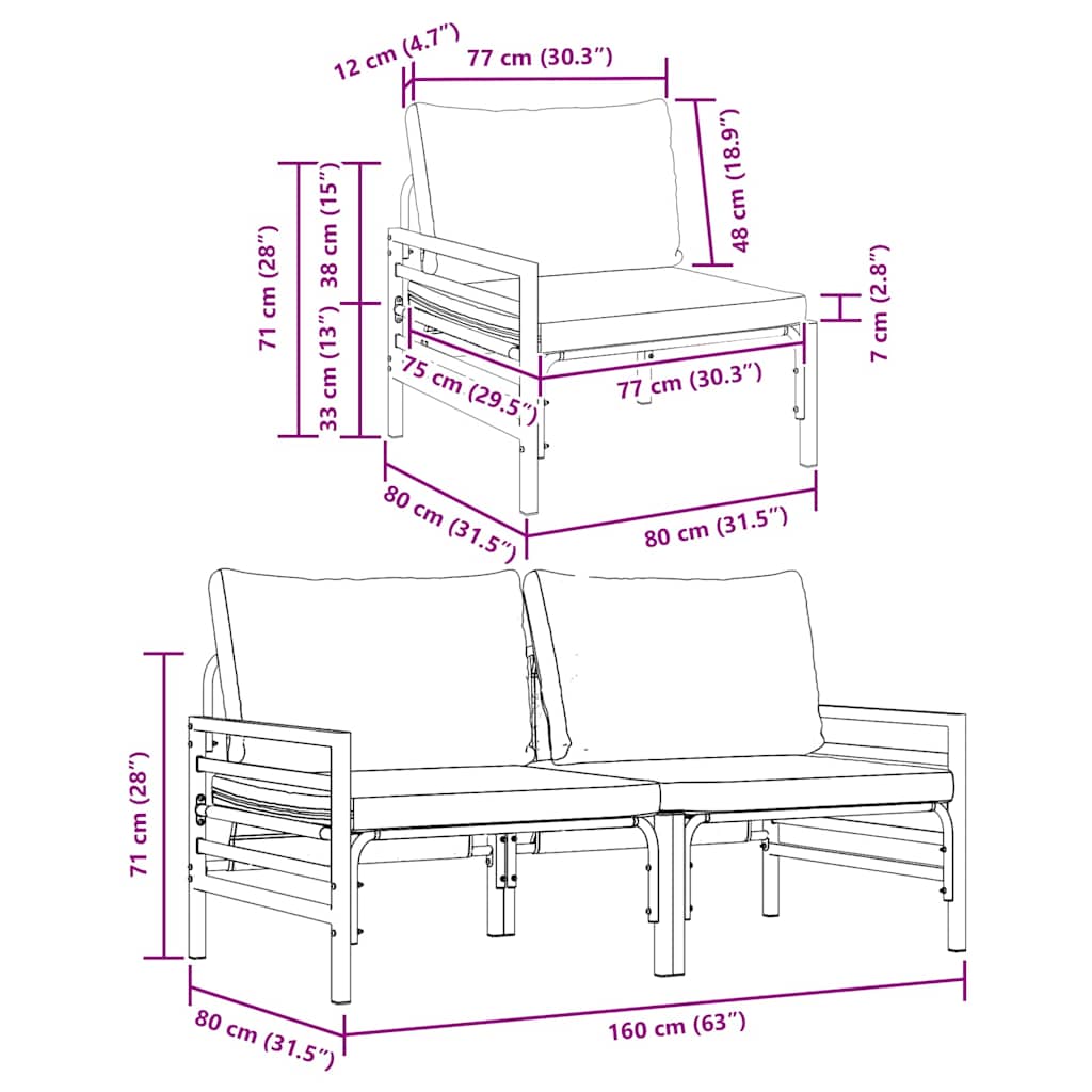 Gartenmöbel mit Kissen mit Kissen 2 pcs Anthrazit Stahl