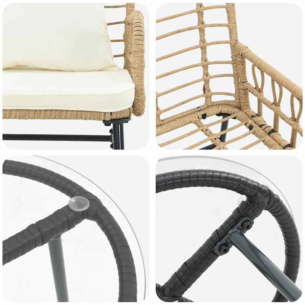 Garten Essgruppe 3 pcs Braun, Schwarz, Creme Poly-Rattan, Stahl