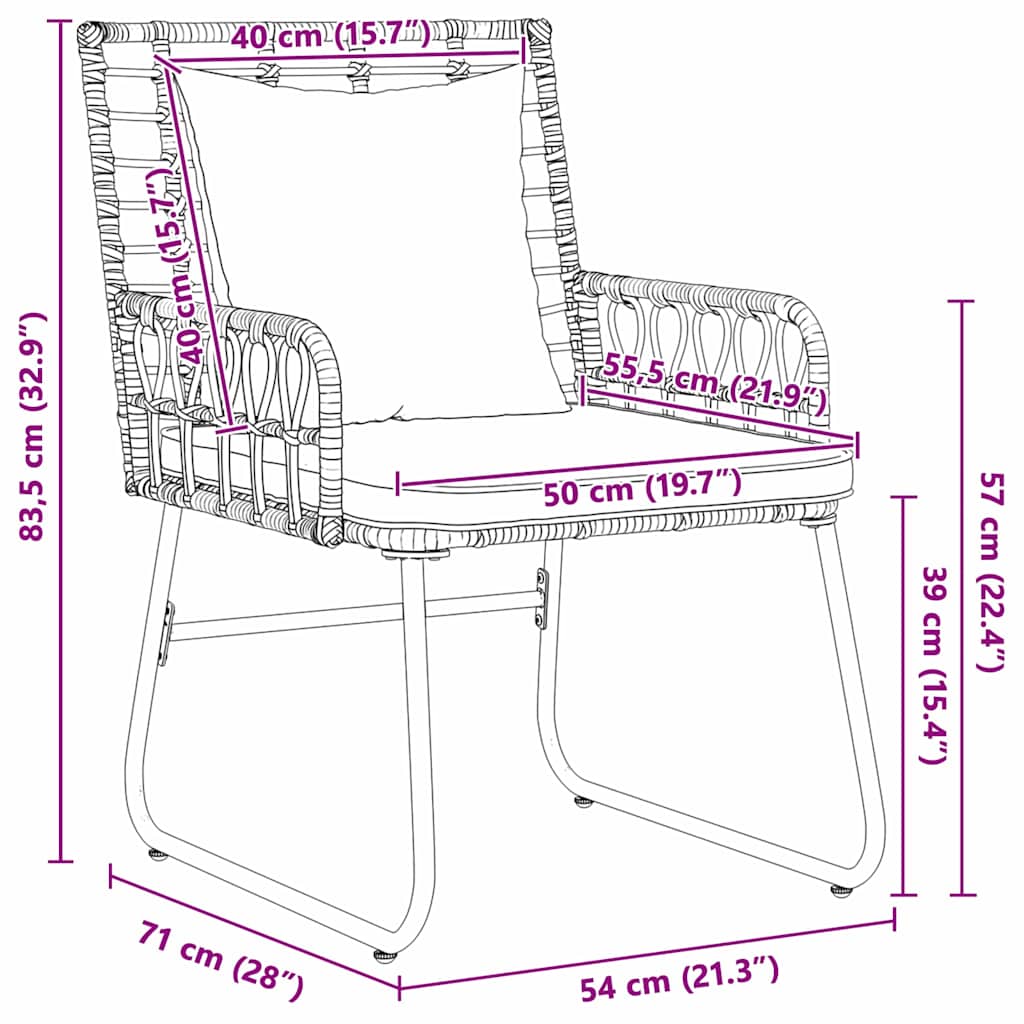 Garten Essgruppe 3 pcs Braun, Schwarz, Creme Poly-Rattan, Stahl