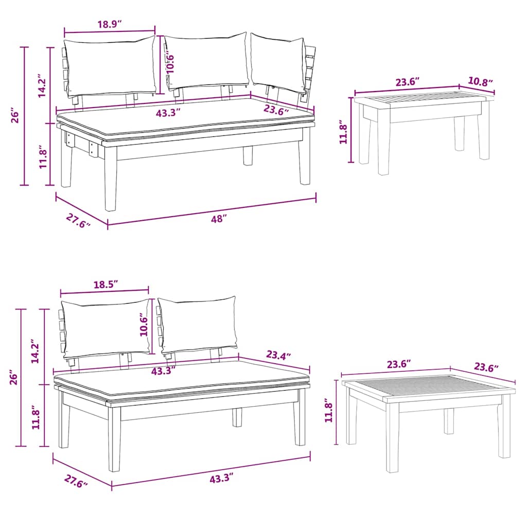 Gartenbänke Set mit Kissen mit Speicher 4 pcs Braun und Grau
