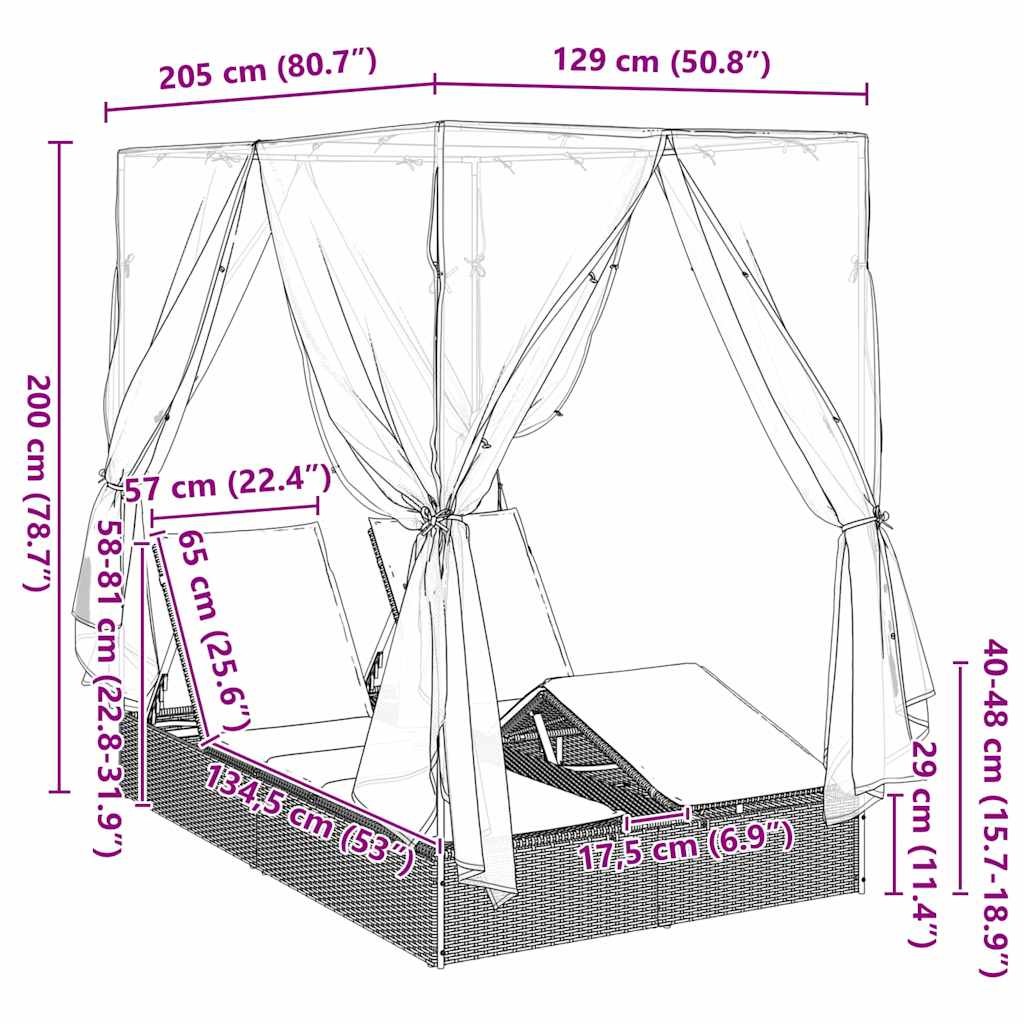 Doppelte Sonnenliege mit Dach Braun 205 x 129 x 200 cm