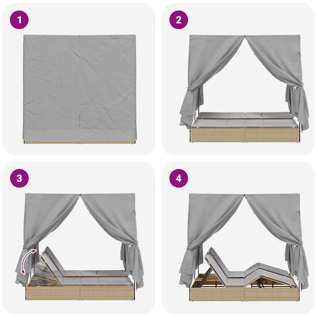 Doppelte Sonnenliege mit Dach Beige 205 x 129 x 200 cm