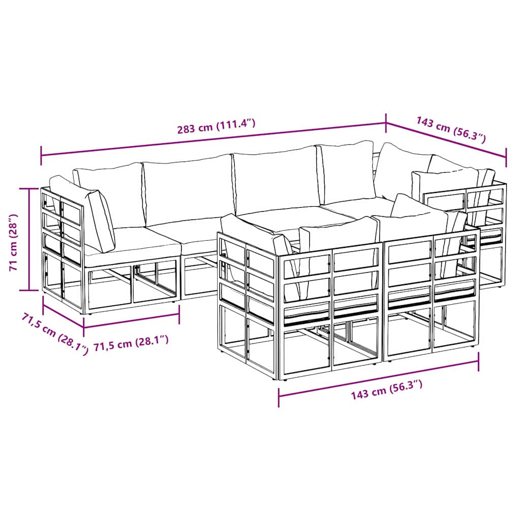 Garten-Sofa-Set mit Kissen 7 pcs Schwarz Aluminium