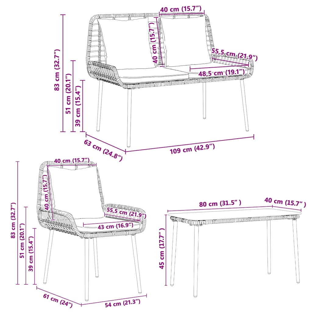 Gartenmöbel Set mit Kissen 4 pcs Braun und Schwarz und Creme
