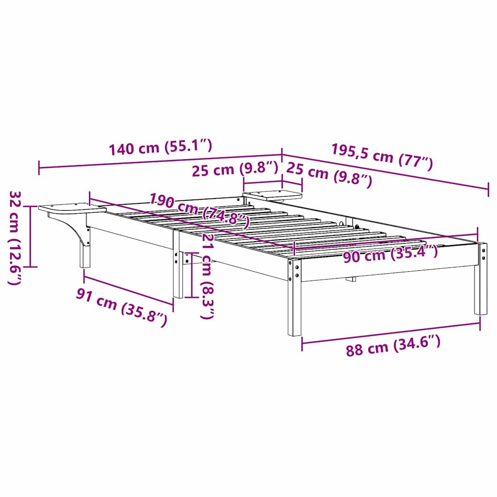 Bettgestell mit Nachttischen Braun 90 x 190 cm Wachsbraun