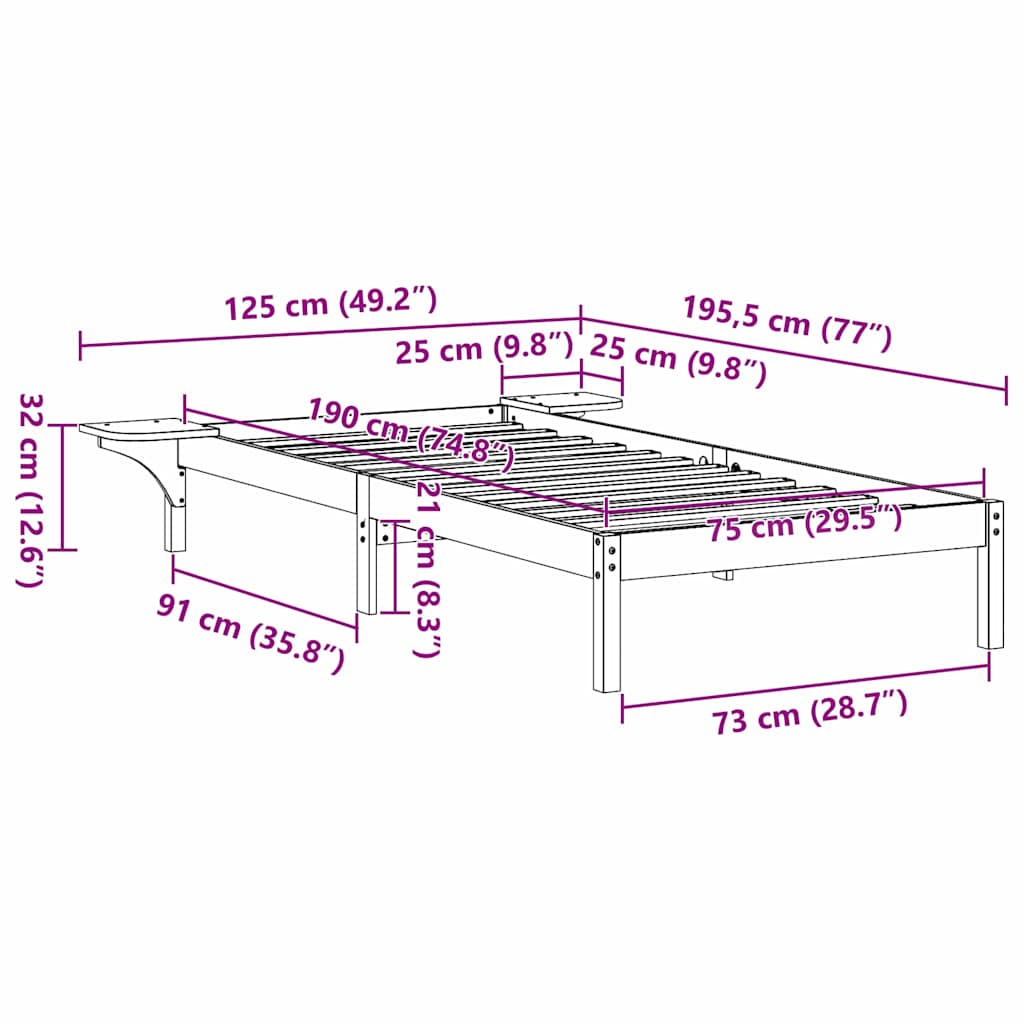 Bettgestell mit Nachttischen Weiß 75 x 190 cm Weiß