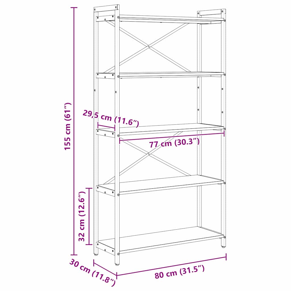 Bücherregal Schwarz Eichen-Optik 80 x 30 x 153 cm Holzwerkstoff