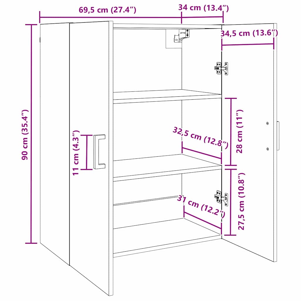 Wandschrank Schwarz 69.5 x 34 x 90 cm Holzwerkstoff