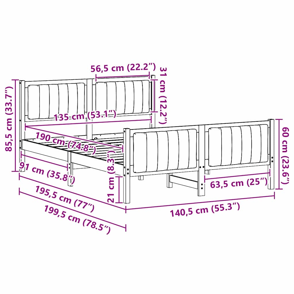 Bettgestell Weiß und Hellgrau 135 x 190 cm Massivholz Kiefer