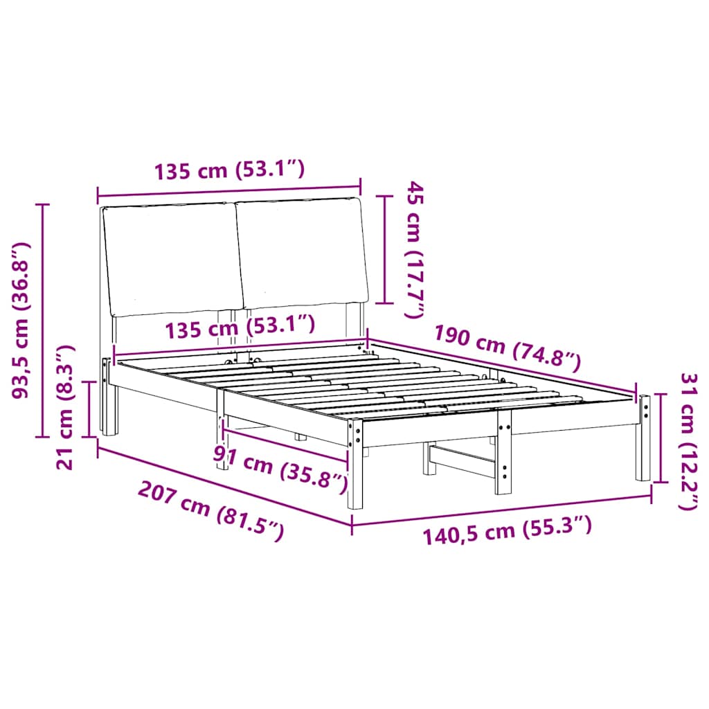 Bettgestell Braun und Schwarz 135 x 190 cm Massivholz Kiefer