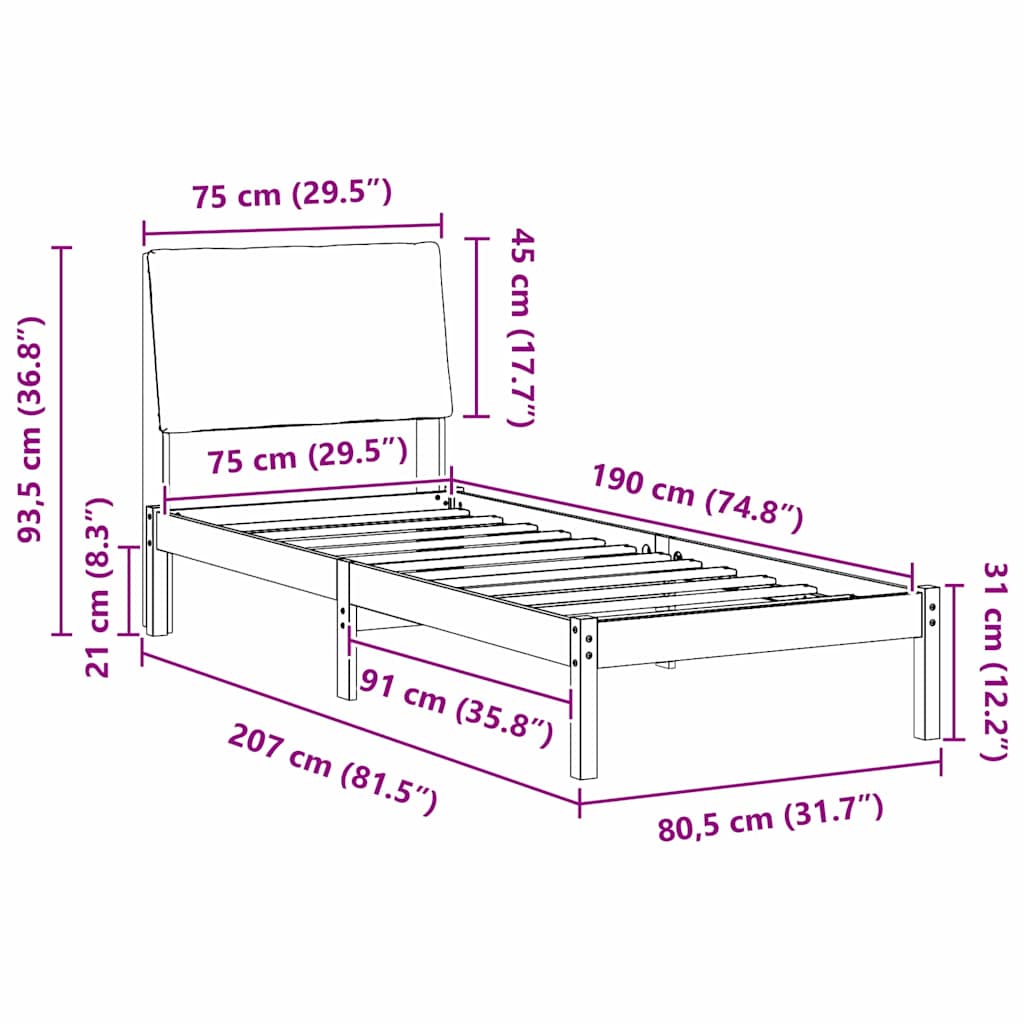 Bettgestell Braun und Dunkelgrau 75 x 190 cm Massivholz Kiefer