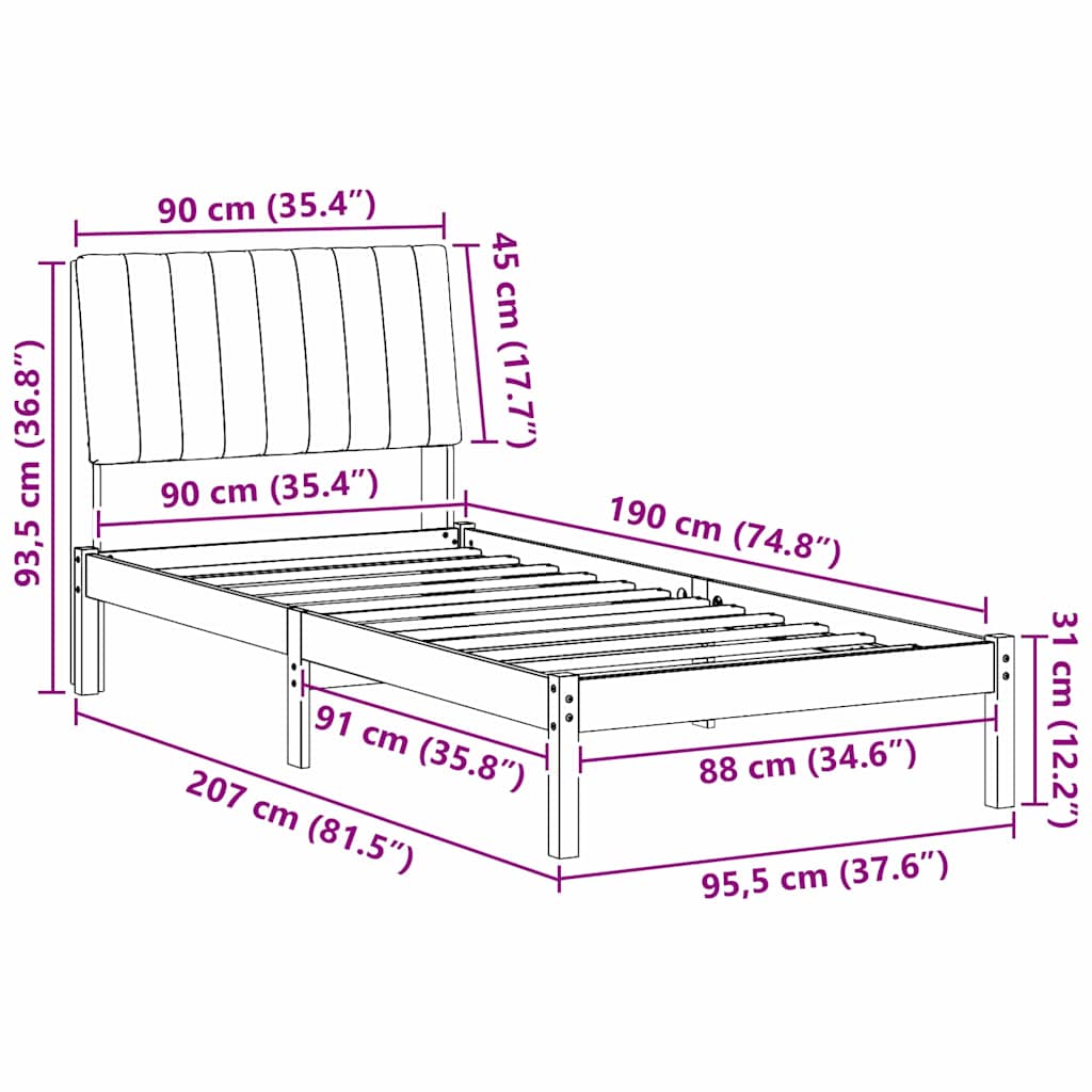 Bettrahmen mit Kopfteil Braun 90 x 190 cm Massives Kiefernholz