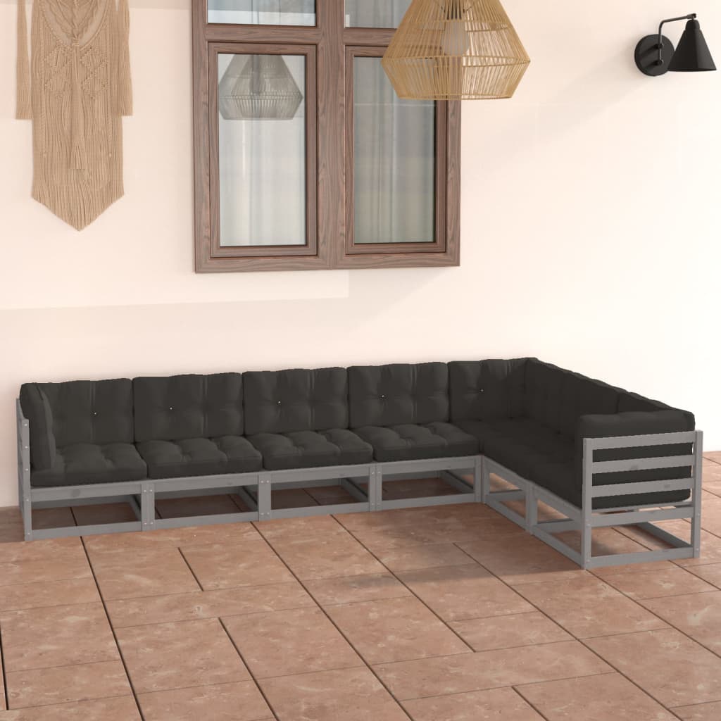 7-tlg. Garten-Lounge-Set mit Kissen Grau Kiefer Massivholz