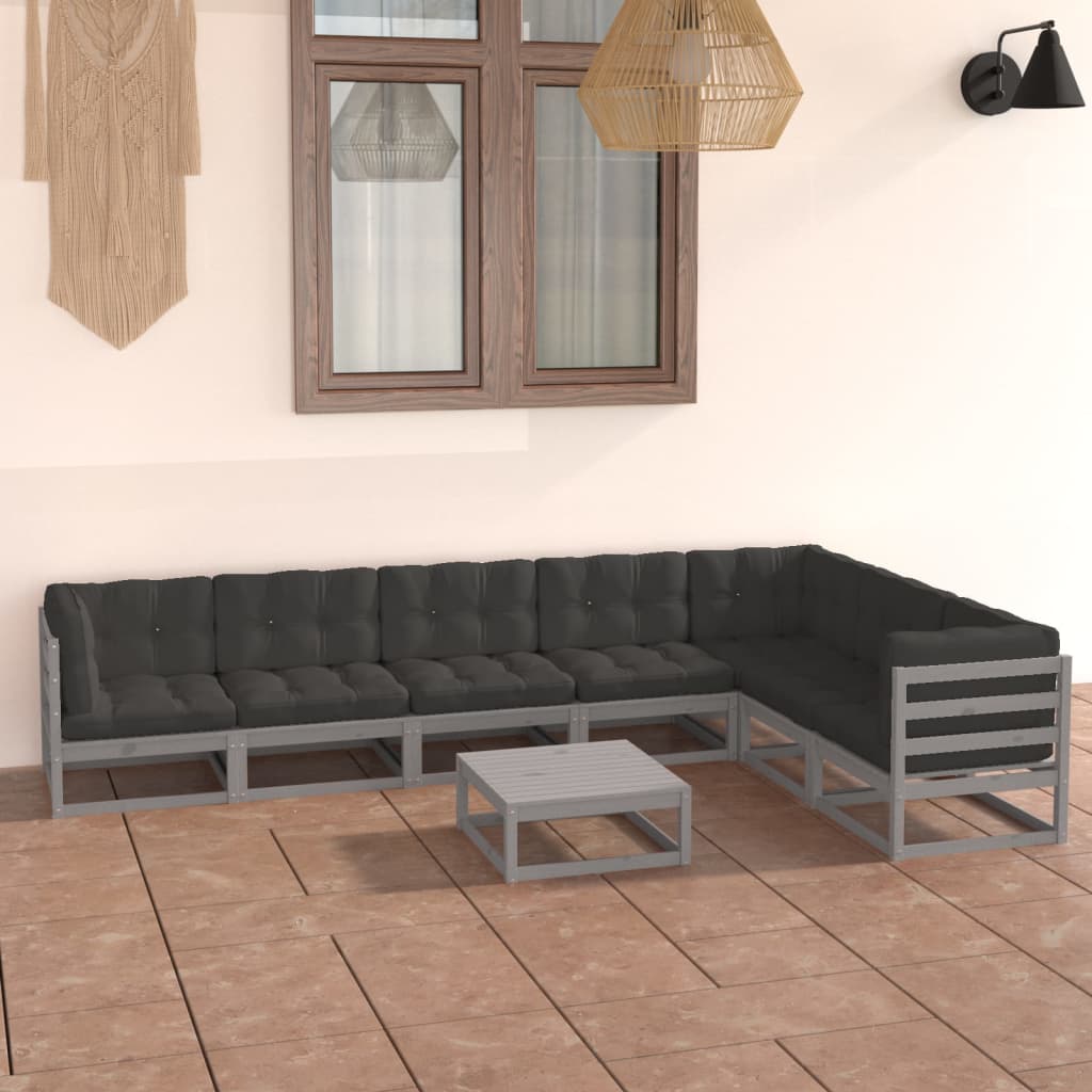 8-tlg. Garten-Lounge-Set mit Kissen Grau Kiefer Massivholz