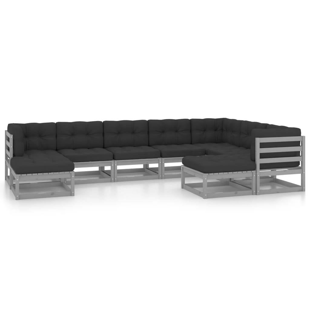 9-tlg. Garten-Lounge-Set mit Kissen Grau Kiefer Massivholz