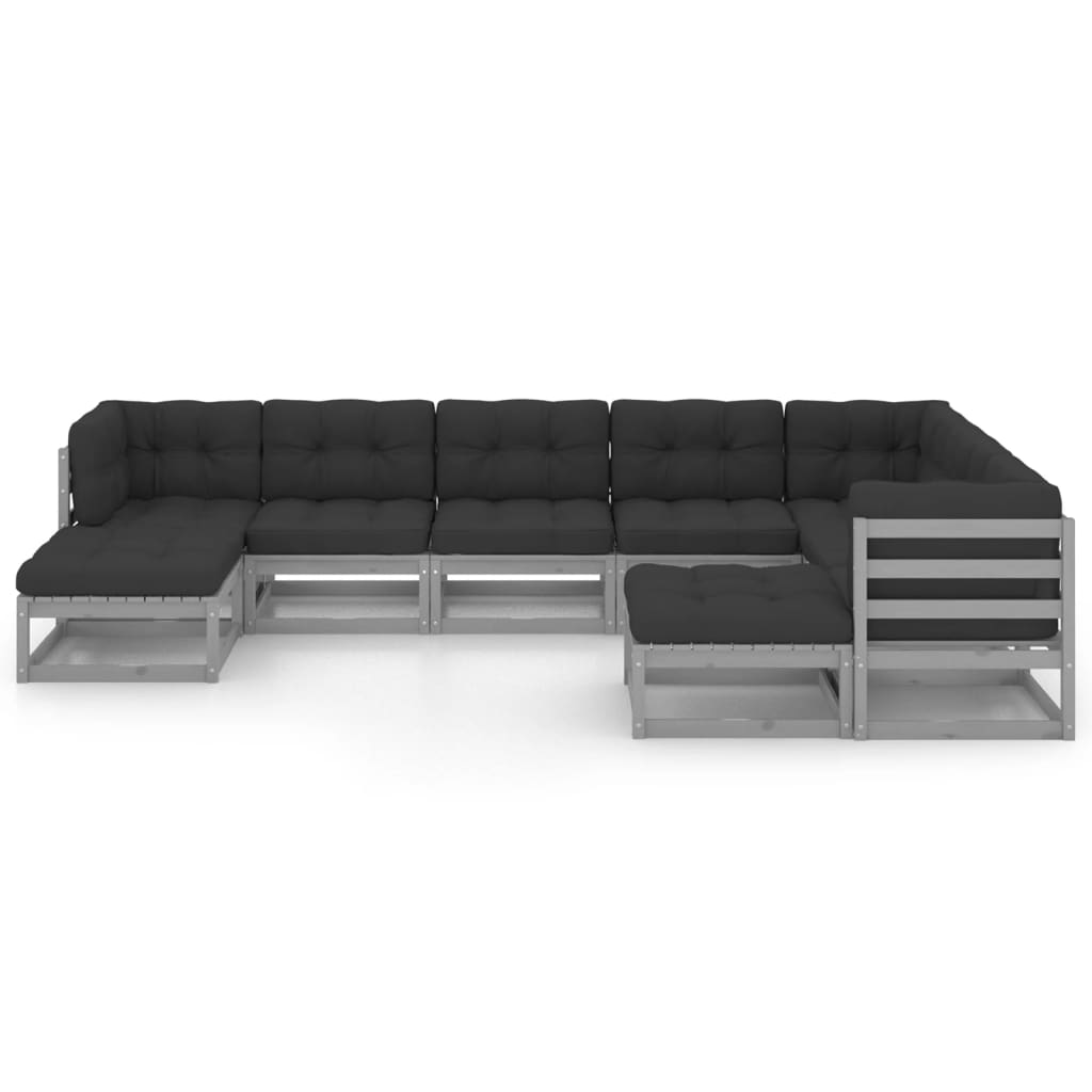 9-tlg. Garten-Lounge-Set mit Kissen Grau Kiefer Massivholz