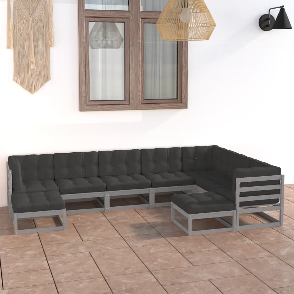 9-tlg. Garten-Lounge-Set mit Kissen Grau Kiefer Massivholz