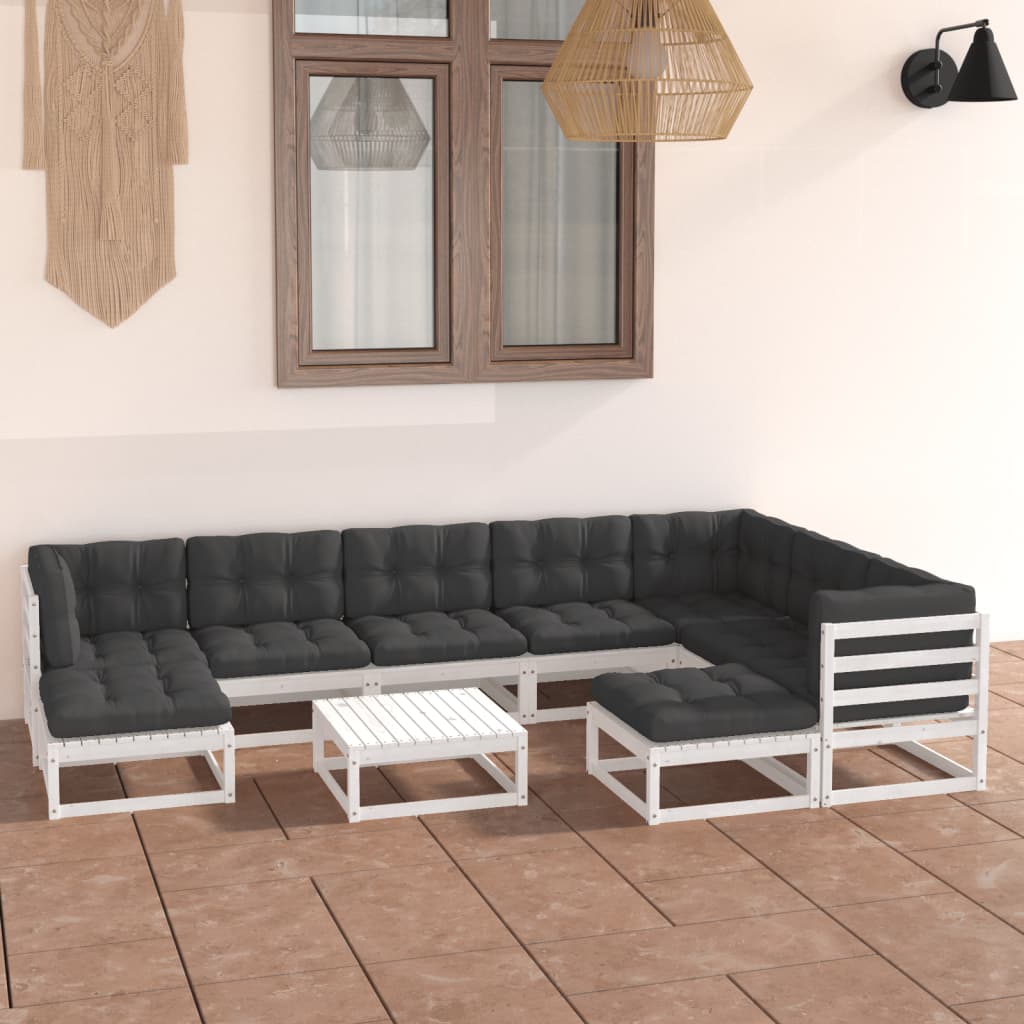 10-tlg. Garten-Lounge-Set mit Kissen Weiss Kiefer Massivholz