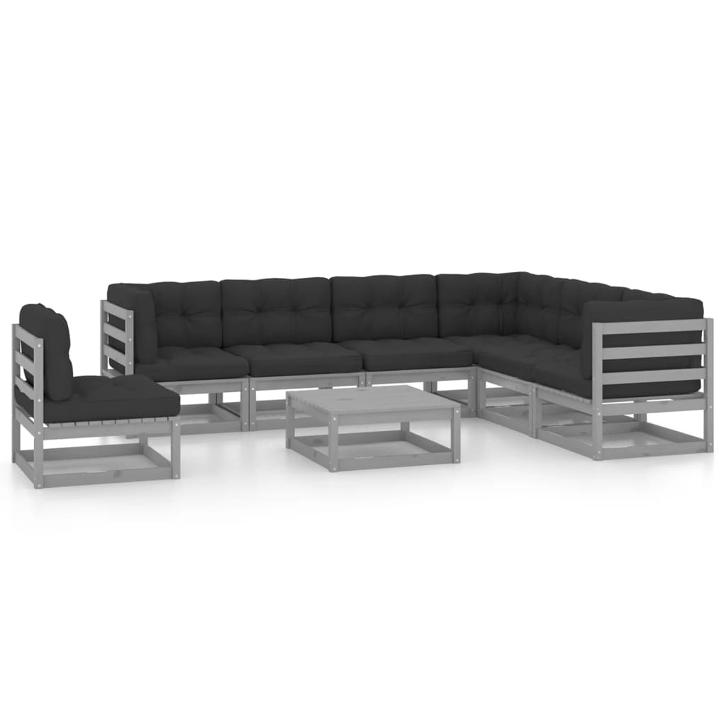 8-tlg. Garten-Lounge-Set mit Kissen Grau Kiefer Massivholz