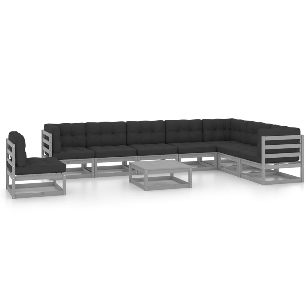9-tlg. Garten-Lounge-Set mit Kissen Grau Kiefer Massivholz