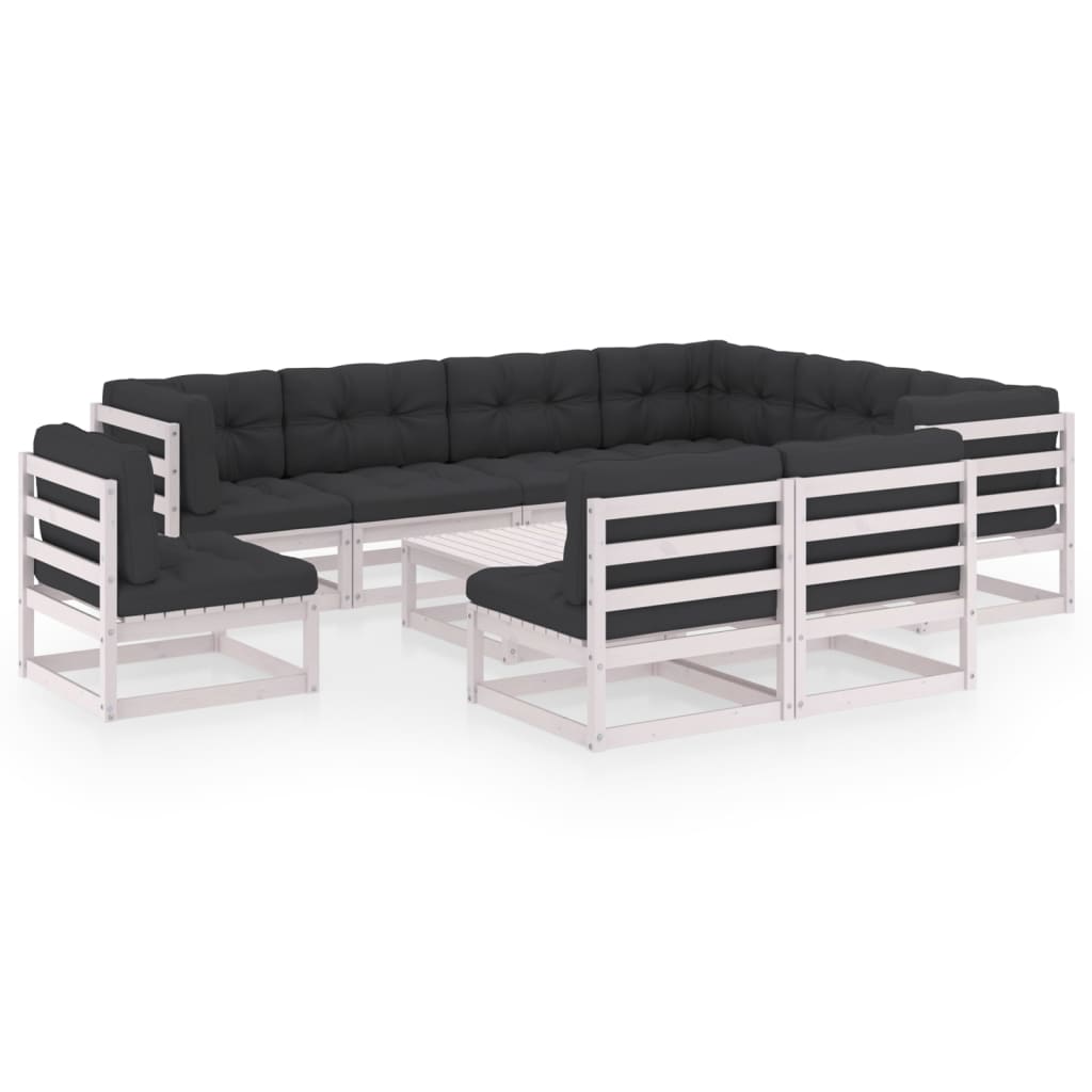 10-tlg. Garten-Lounge-Set mit Kissen Weiss Kiefer Massivholz