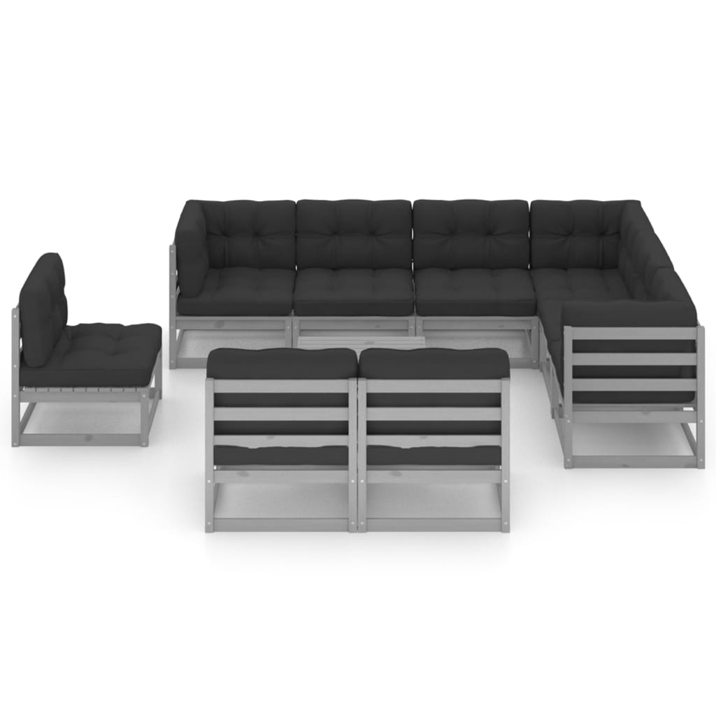 10-tlg. Garten-Lounge-Set mit Kissen Grau Kiefer Massivholz