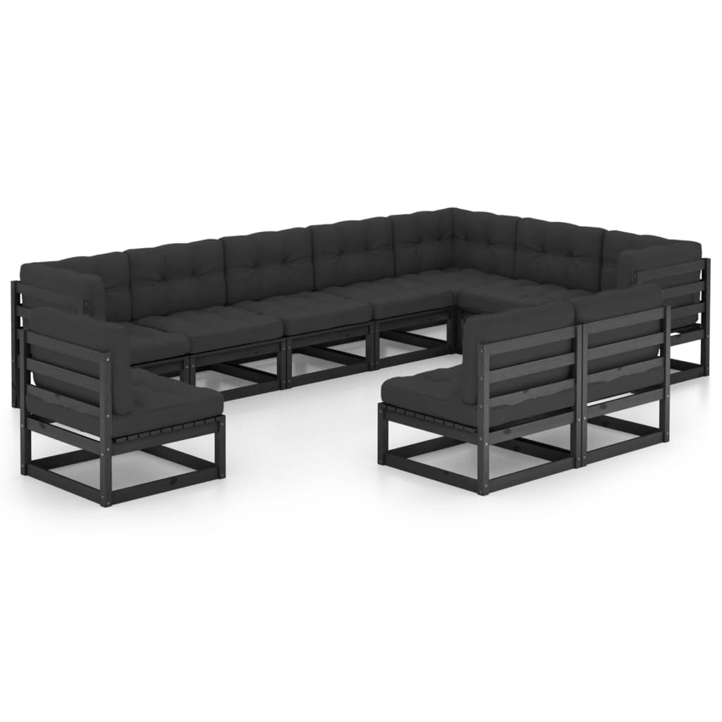 10-tlg. Garten-Lounge-Set mit Kissen Schwarz Kiefer Massivholz
