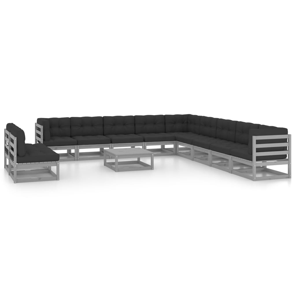 12-tlg. Garten-Lounge-Set mit Kissen Grau Kiefer Massivholz
