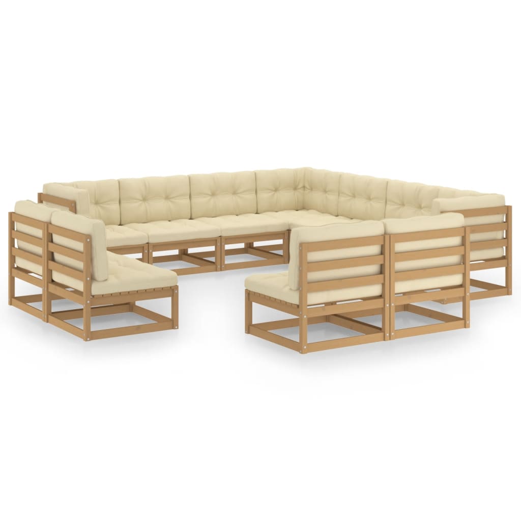 11-tlg. Garten-Lounge-Set Kissen Honigbraun Kiefer Massivholz