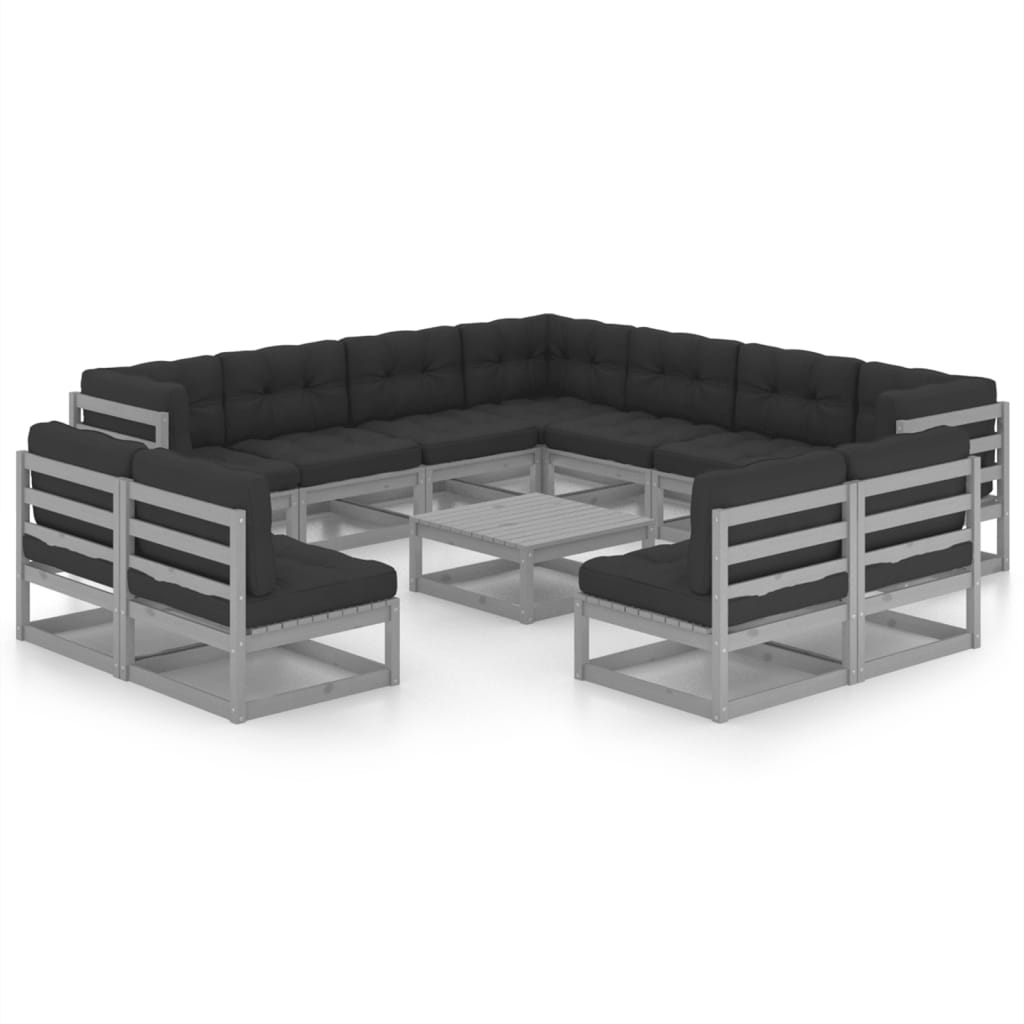 12-tlg. Garten-Lounge-Set mit Kissen Grau Kiefer Massivholz