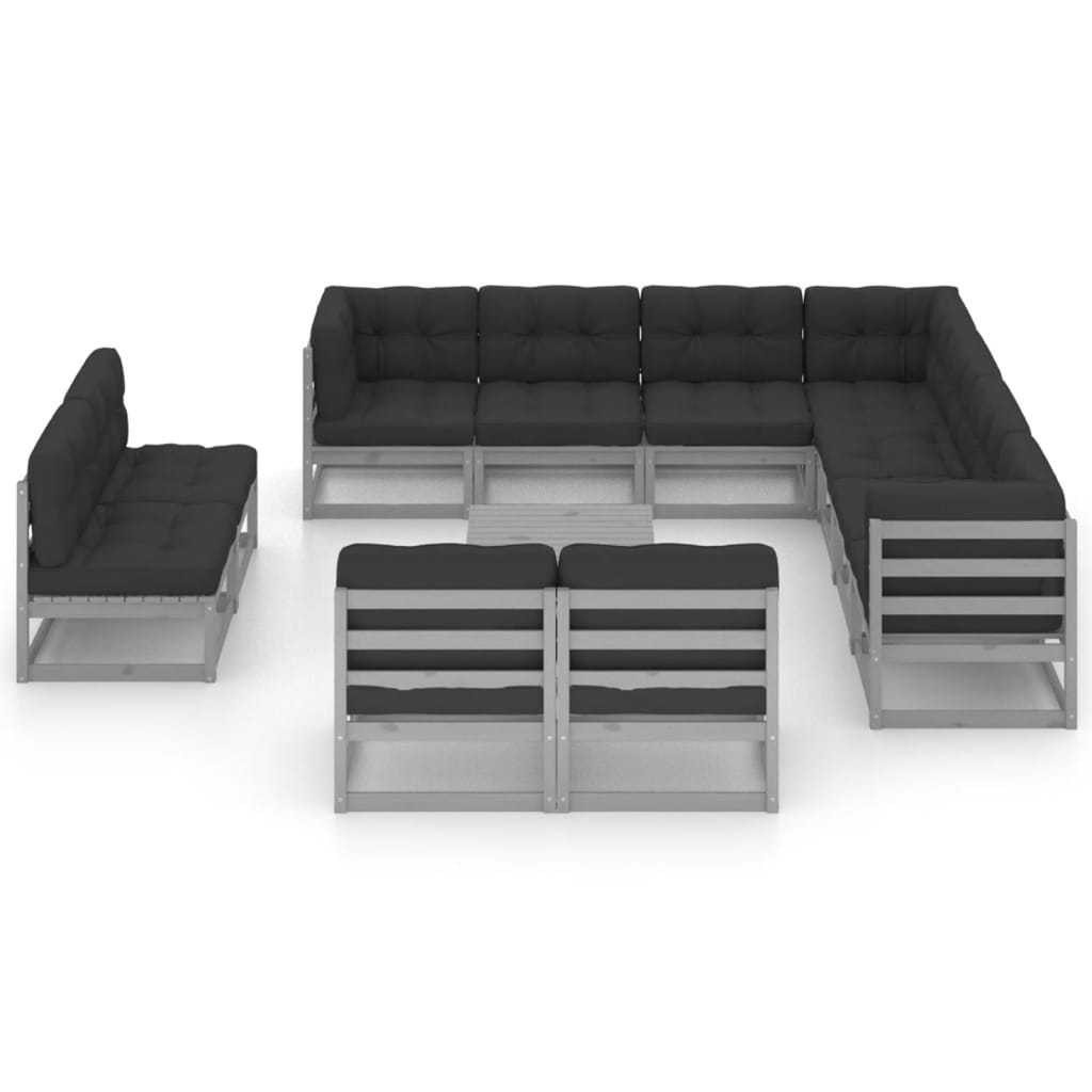 12-tlg. Garten-Lounge-Set mit Kissen Grau Kiefer Massivholz