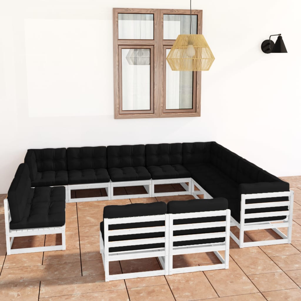 12-tlg. Garten-Lounge-Set mit Kissen Weiss Kiefer Massivholz